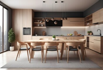 Modern kitchen interior with dining area on a cityscape background, the concept of an urban home, showcasing wooden furniture and minimalist design. 3D Rendering