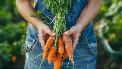 Fresh carrots picked from bio farm or garden in woman hands.. with high resolution photography, copy space for text banner background