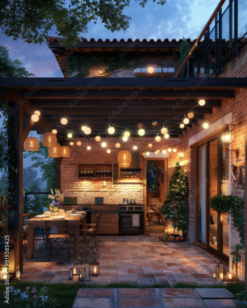 Poster a patio with a table and chairs lit up by string lights. generative ai.