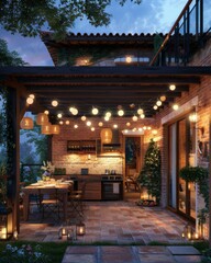 A patio with a table and chairs lit up by string lights. Generative AI.