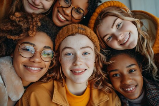 A group of girls are smiling and looking at the camera. Generative AI.