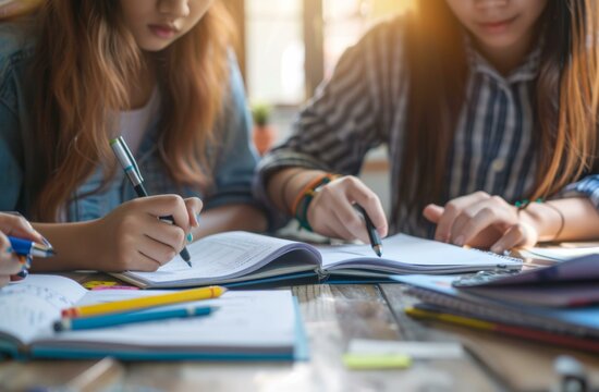 Two girls are writing in notebooks at a table. Generative AI.