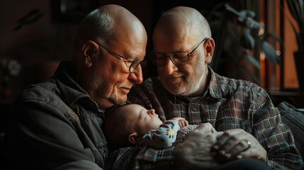 Love of LGBTQ. photography, cute Senior gay couple holding a newborn baby Leica Q3