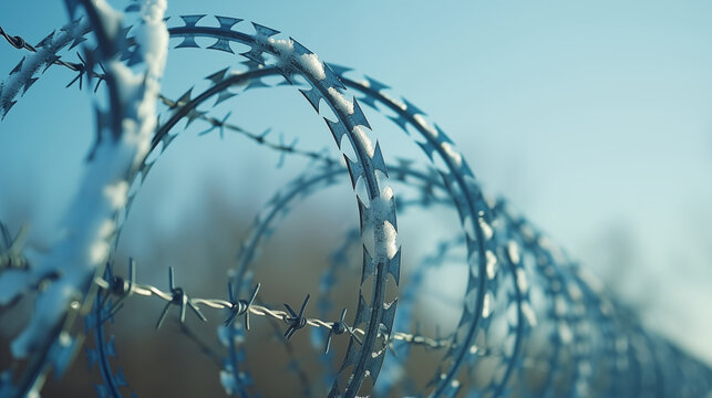 Barbed wire fence topped with sharp spikes in outdoor field. Concept of security, imprisonment and restricted access.