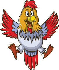 cute laughing rooster cartoon illustration design in flight.eps