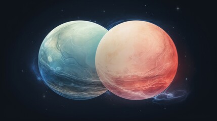 Digital illustration of two vibrant planets in space, one blue and one red, with a cosmic background. Perfect for sci-fi themes and designs.