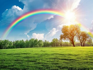 A rainbow is seen over a green field with trees. AI.