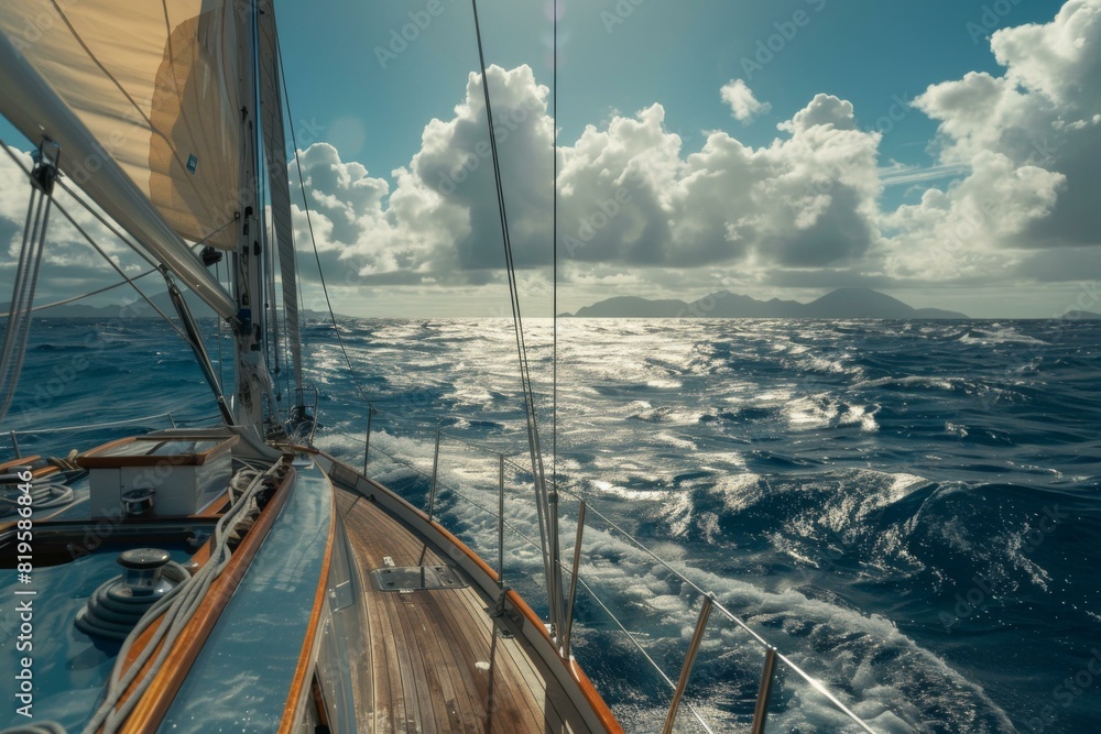 Poster a view of a sailboat in the ocean with clouds and mountains. ai.