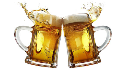 Two beer mugs clinking together with beer splashing out on a white background, detailed and hyper realistic.