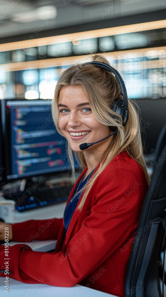 Canvas Prints a woman in a red jacket sitting at her desk with headphones on. ai.