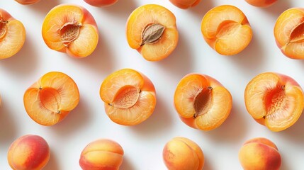 Fresh ripe apricots halved and arranged in a neat pattern on a white background, showcasing their vibrant orange color and natural texture.