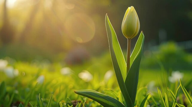 close up bokeh efect fresh golden tulip bud with splash dew in morning golden hours image video HD 4K a background for bio diversity day or tulip time