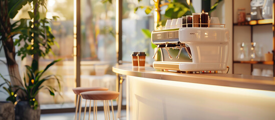 small modern cafe coffee shop with glossy ivory white round bar and coffee machine concept