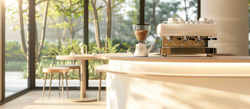 small modern cafe coffee shop with glossy ivory white round bar and coffee machine concept