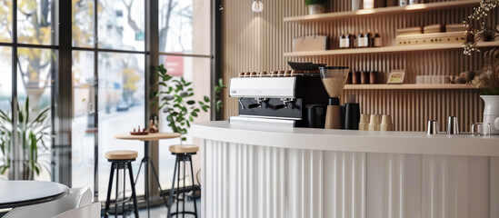 small modern cafe coffee shop with glossy ivory white round bar and coffee machine concept