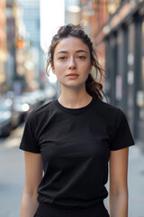 Athletic Woman Black T-Shirt Mockup in Urban Setting