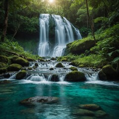 "Spread joy and laughter on World Laughter Day!"Background: Turquoise waterfall in a lush green forest.