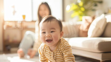 A baby is crawling on the floor while smiling