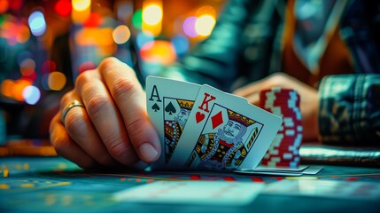 A gambler’s hand unveils a promising start with an Ace and King, as the casino’s vibrant lights dance in the background.