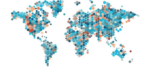Abstract vibrant world map composed of multicolored circles on a light background. Global diversity and population distribution concept. Design for statistical graphics and cultural diversity. AIG35.