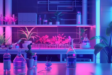 3D Futuristic illustration Pop art color of a hightech laboratory where scientists develop glowing...