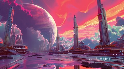 3D render pop art of a bustling spaceport on a distant planet during a vibrant alien festival,...
