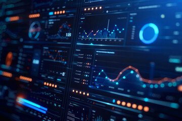 Fototapeta premium Cloud analytics dashboard showing real-time data selective focus, business theme, vibrant, overlay, corporate office backdrop