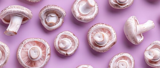 Freshly sliced mushrooms displayed on a pastel purple background, perfect for food and health-related content, websites, or blogs.