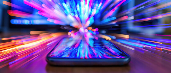 High-speed internet speed test on a smartphone selective focus, performance theme, vibrant, blend mode, office desk backdrop