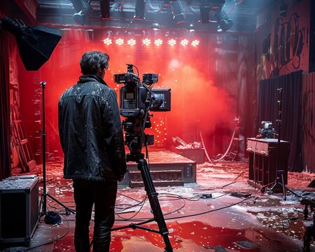 Cinematographer on set with professional camera equipment, capturing a dramatic scene with red lighting and artistic effects.
