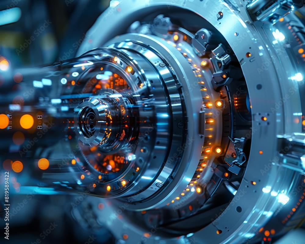 Poster close-up of futuristic mechanical component with glowing lights, showcasing advanced technology and 