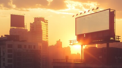 Against a canvas of muted, urban gray, a billboard emerges, its sleek surface catching the last rays of a setting sun. The surrounding buildings loom, their surfaces reflecting the fading light=