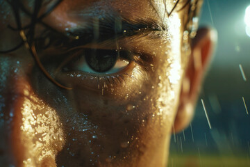 A close-up of a soccer player's focused face, sweat dripping, eyes on the ball, in a crucial game...