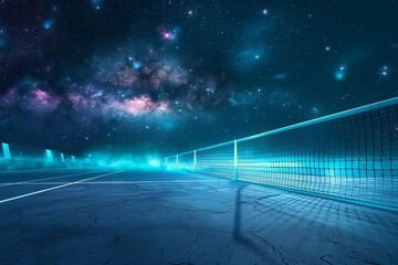 A cyberinspired tennis stadium with holographic netting and a sleek, metallic surface, sits quietly under a starry night, with copy space