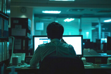A corporate espionage scene in an office late at night, person copying files from a computer, looking around cautiously