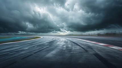 A motorsports track lies dormant under stormy skies, the roar of the crowd replaced by the whisper of the wind, with copy space