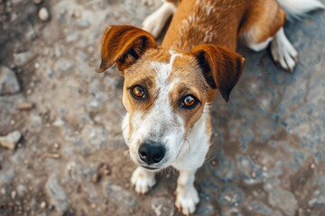 A dog is sitting and facing the camera. It looks at the lens with curious eyes.

