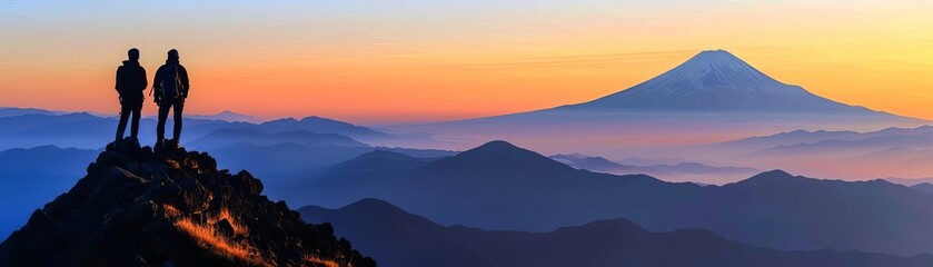 Fototapeta premium Mountain Sunrise Views Capture the breathtaking beauty of sunrise views from the top of Japans iconic mountains, such as Mount Fuji or Mount Tanigawa Photograph hikers witnessing the first light of da
