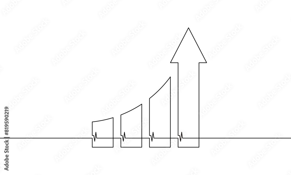 Wall mural Continuous line drawing of graph. Sign symbol of bar cart. Illustration vector of business growth. Single line art of arrow up. Object one line of increasing arrow - Wall murals