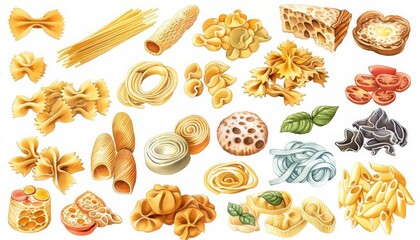 A set of water color of pasta varieties, each shape telling its own culinary story, Clipart isolated with a white background