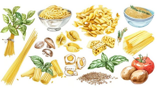 A set of water color of pasta varieties, each shape telling its own culinary story, Clipart isolated with a white background