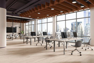 Modern office interior with coworking and conference room, panoramic window