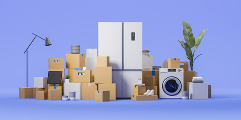 Cardboard boxes and home furniture with equipment, family relocation