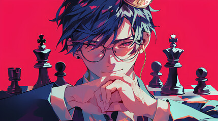 gamer king in glasses chess player on psychedelic background