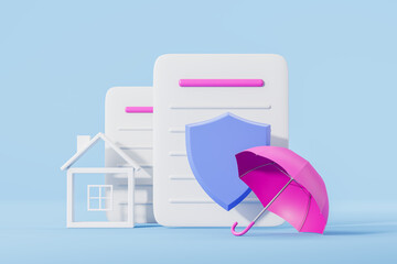 Document with shield and house with umbrella, mortgage insurance
