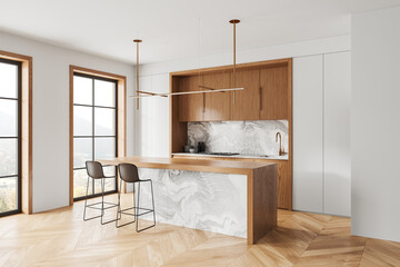 Modern kitchen interior with wooden cabinets and marble island, minimalist design, in a bright room...