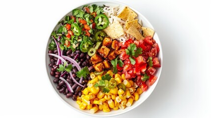 A top view of a meticulously arranged vegan burrito bowl, emphasizing a fresh, clean eating concept with a crisp white background