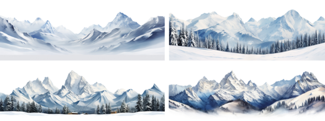 Set of winter scenes with snow-covered mountain tops, cut out