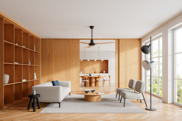 Wooden home interior with relaxing and dining space, panoramic window