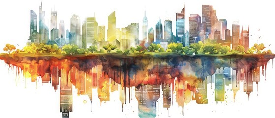 A watercolor of a futuristic cityscape where buildings morph dynamically with the weather, situated on a floating island that travels across the globe, Clipart isolated on white